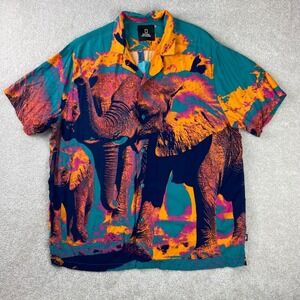 National Geographic Shirt Mens XL Teal Orange Elephant Graphic Rayon Button Up